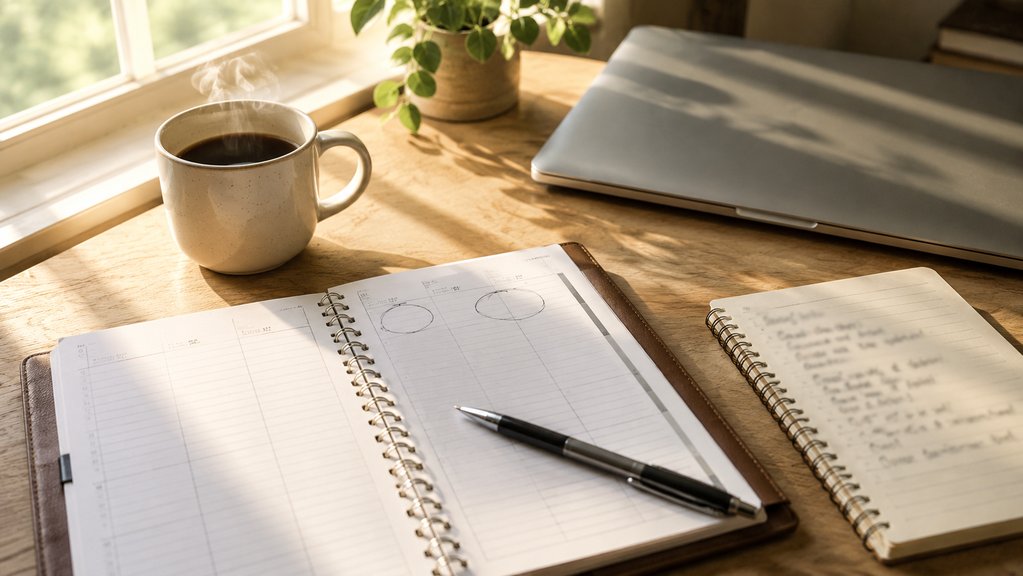 Close-up of a hand writing three short service ideas in a small notebook on a clean light-oak desk with a laptop nearby