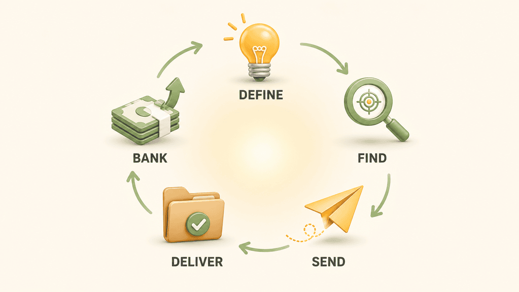 Five-step business loop showing the chain in a circle: DEFINE, FIND, SEND, DELIVER, BANK, with curving arrows connecting each step