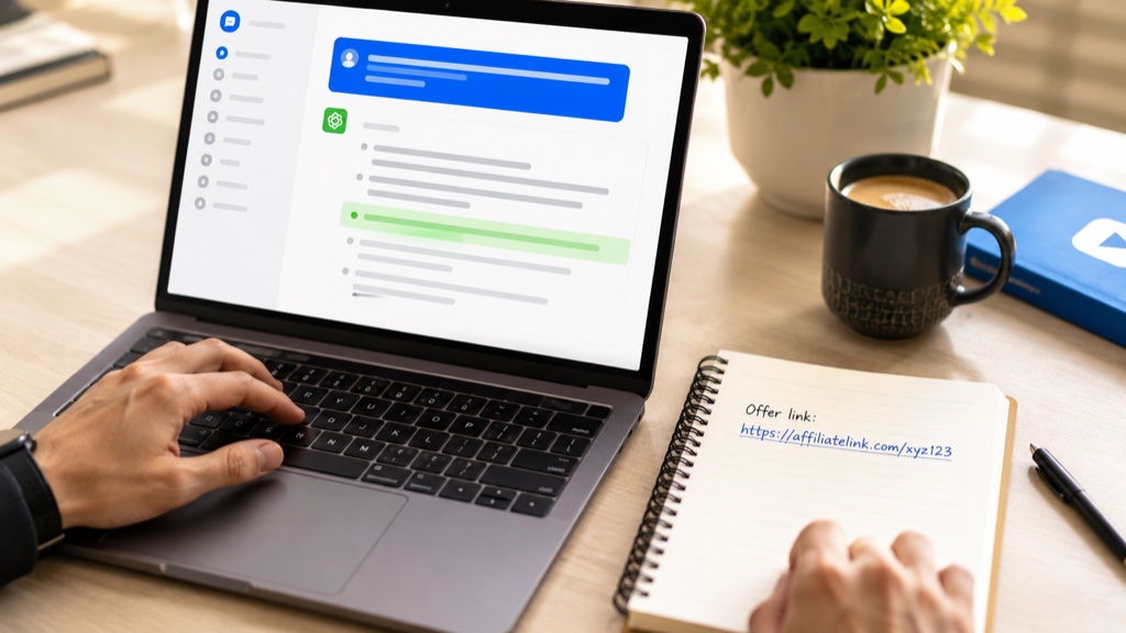 Hands at a laptop writing down a single offer link in a notebook