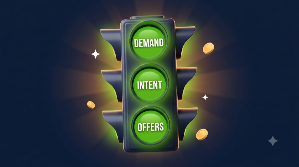 A traffic light with all three lights glowing green, labelled Demand, Intent and Offers, the three checks of the 30-Minute Niche Test