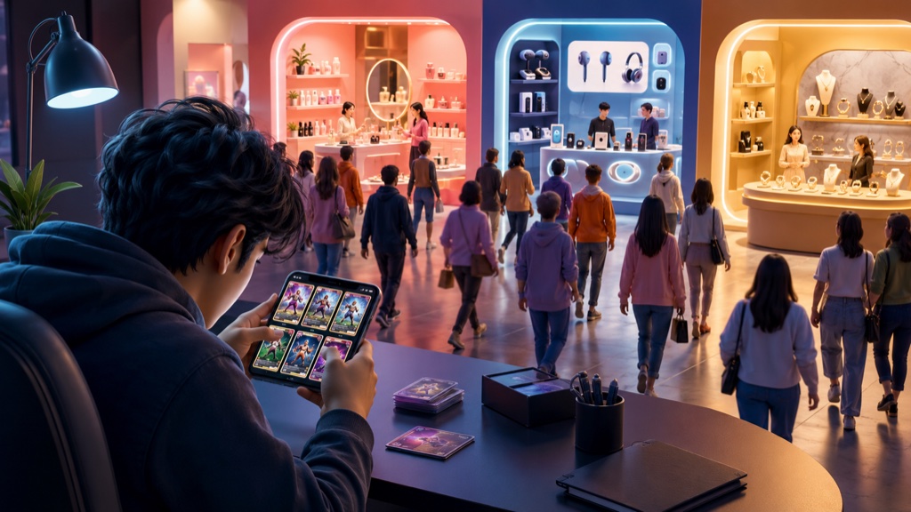 A seller absorbed in trading-card livestreams on his phone while behind him a stream of shoppers heads toward three lightly staffed beauty, electronics and jewelry areas