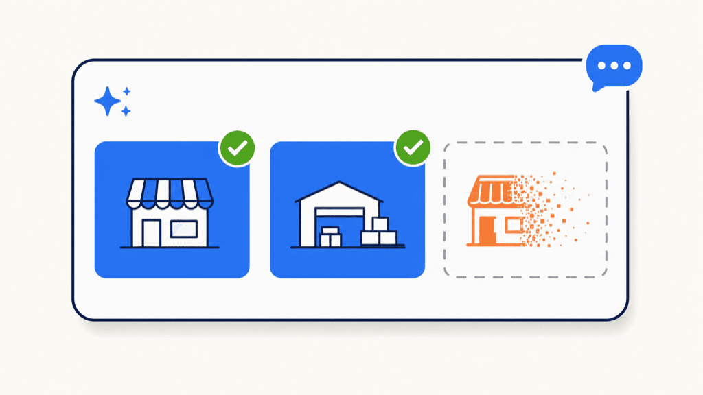 An AI recommendation naming two competitor storefronts while a third storefront dissolves and disappears