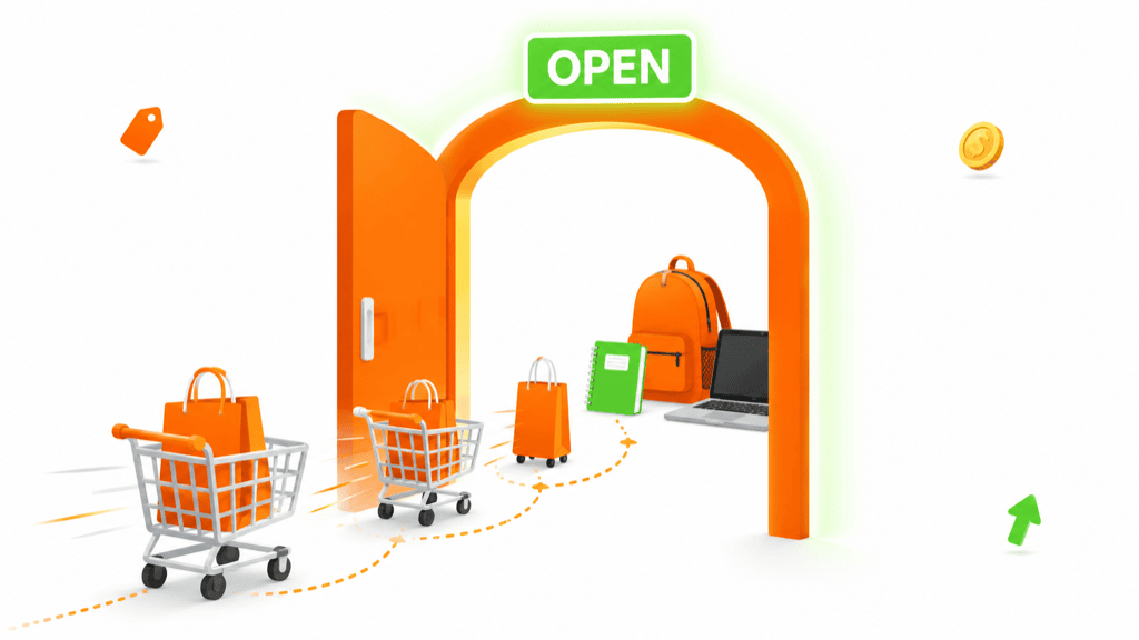 An open doorway with a green OPEN sign and shopping carts rolling through toward back-to-school items, showing the buying window is open now