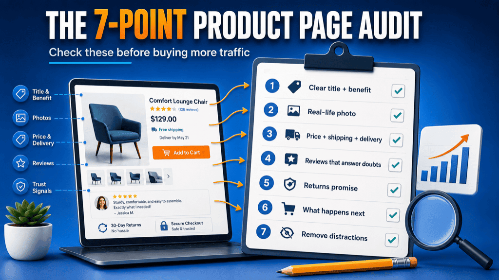 The 7-point product page audit, shown as a laptop product page on the left mapped by arrows to a numbered checklist of the seven fixes with green ticks on the right