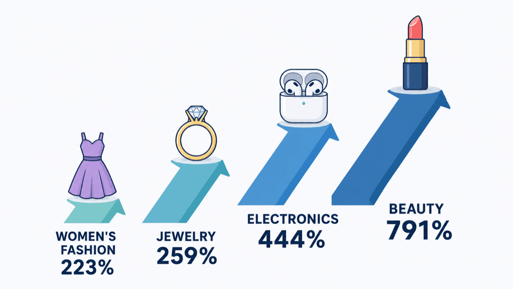 Year-on-year growth on Whatnot shown as rising arrows: beauty 791%, electronics 444%, jewelry 259% and women's fashion 223%