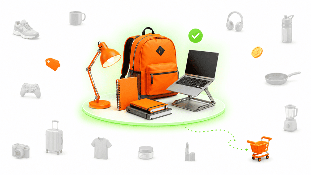 One bright, focused cluster of matching back-to-school products glowing at the centre while random unrelated products sit faded and grey around the edges