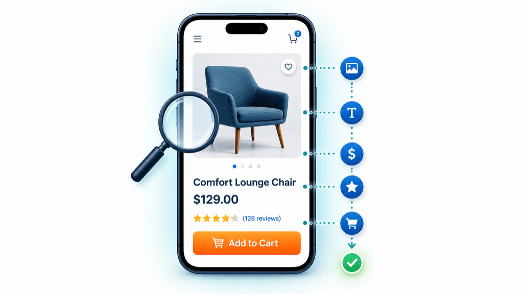 A smartphone product page being scanned top to bottom by a magnifying glass, with a column of checkpoint icons down the side ending in a green tick beside the buy button