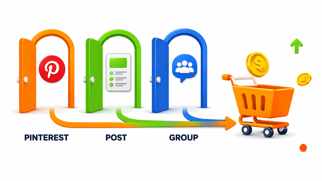 Three doors labelled Pinterest, Post, and Group, each sending an arrow that converges on a single shopping cart with a gold coin above it