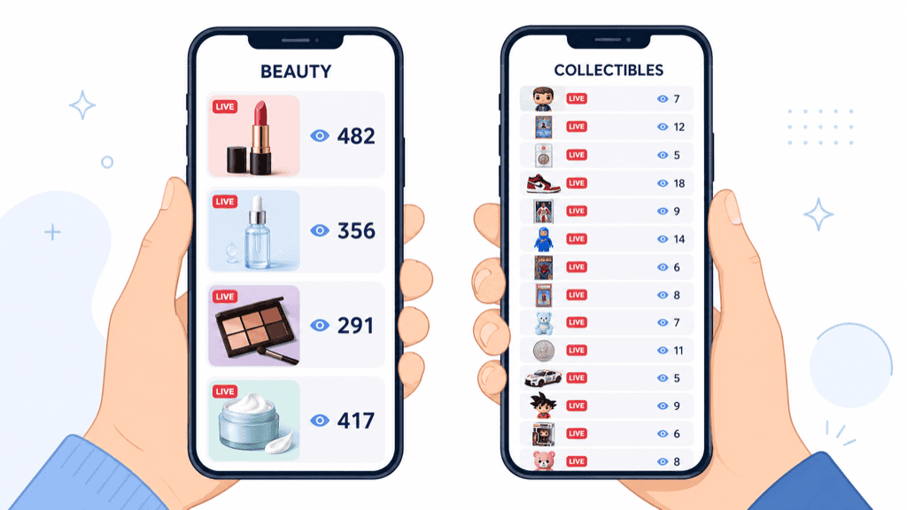 An illustration of the check: a beauty feed with four live sellers each holding a few hundred viewers, beside a crowded collectibles feed where the audience is split across dozens of sellers