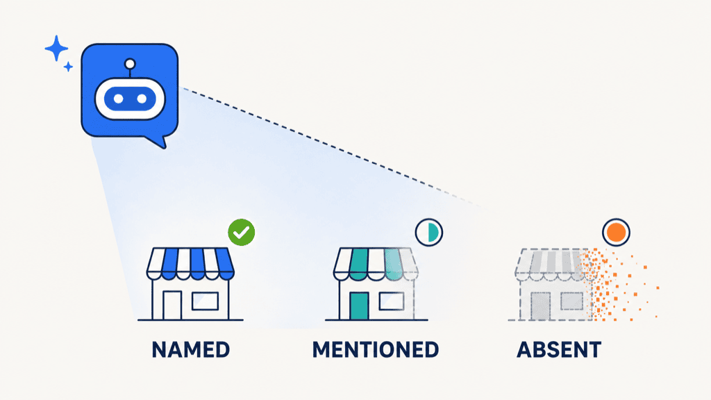An AI casting a visibility beam over three storefronts labelled named, mentioned, and absent