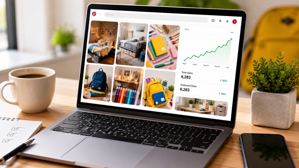 A laptop on a tidy desk showing a Pinterest-style grid of back-to-school pins with a small rising green click-analytics line