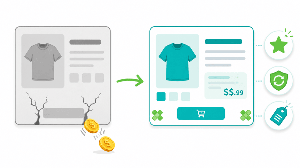 A before and after split showing a dull grey leaking product page on the left, and a bright sealed product page on the right with review, returns, and price trust icons beside it