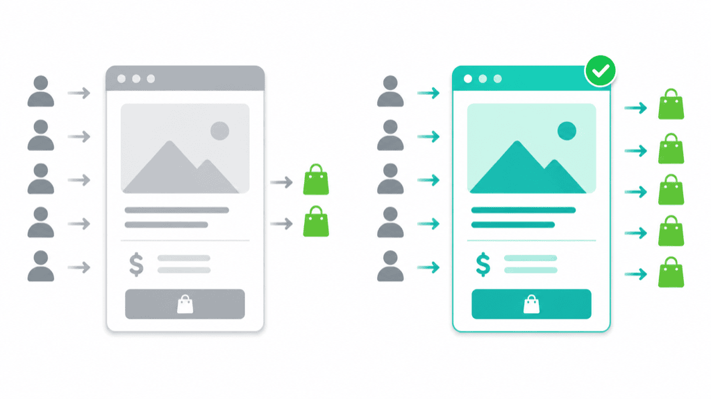 The same row of visitors flowing into two versions of a product page, the dull grey page producing only a couple of sales and the brighter fixed page producing more, showing more sales from the same traffic