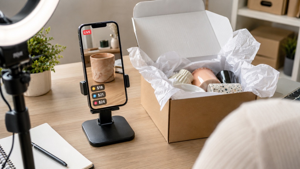 A phone on a stand mid live-stream on a tidy desk, with bids showing on screen and an open box of unsold sample stock beside it