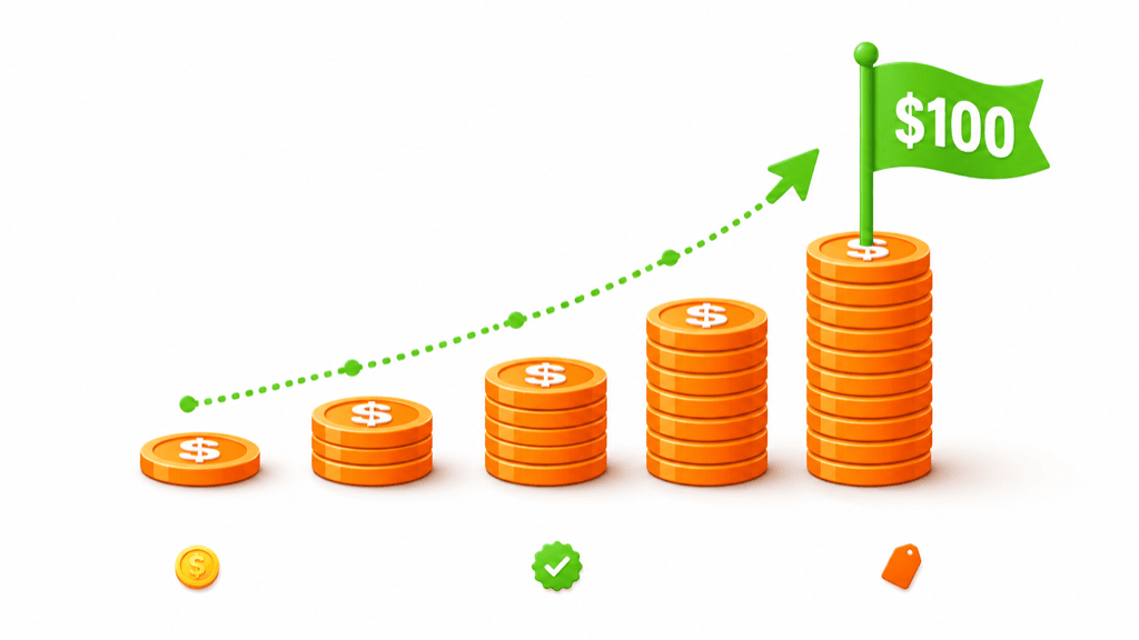 Small commission coins stacking up left to right toward a green milestone flag labelled 100 dollars