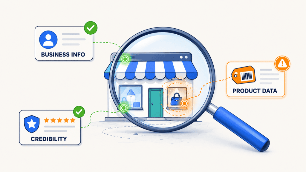 A magnifier over a small business revealing three gaps: business info, product data, and credibility
