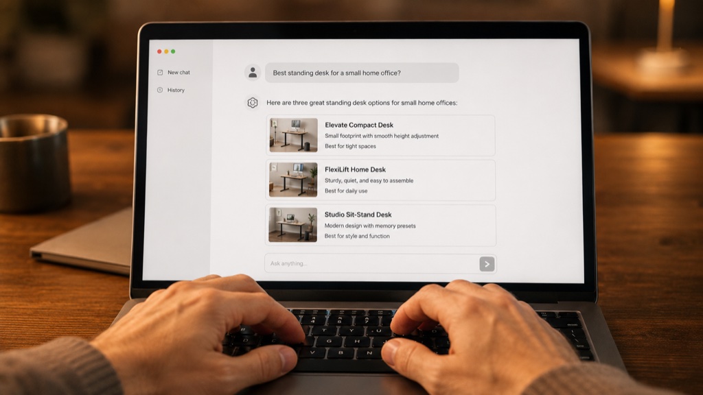 Hands typing a buyer question into an AI chat interface on a laptop