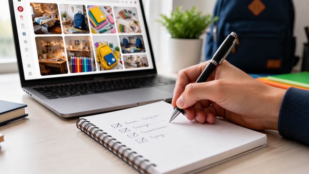 A hand writing a short five-line checklist on a notepad beside a laptop showing back-to-school pins