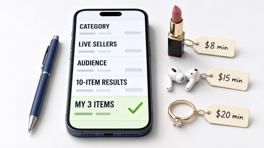 The five-line scorecard filled in on a phone note, with a lipstick, earbuds and a ring laid out beside it carrying handwritten minimum-price tags
