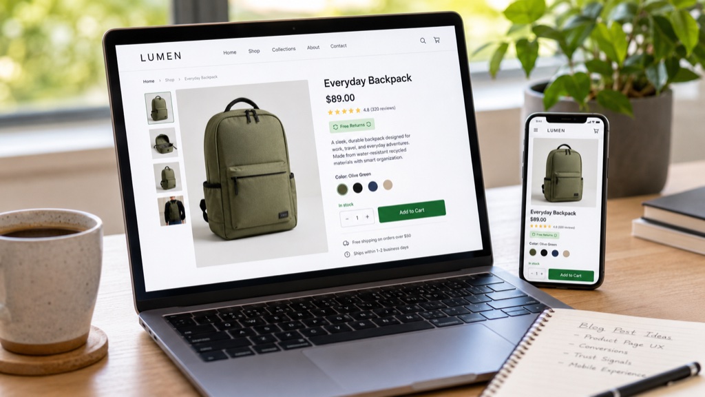 A laptop and phone on a tidy desk showing a clean, well-built product page with a Free Returns badge, a row of star reviews, and a green buy button