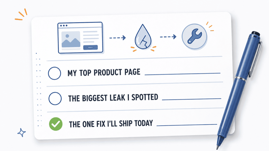 A quick-win checklist card with a page, leak, and wrench icon flow across the top and three fill-in lines: my top product page, the biggest leak I spotted, and the one fix I'll ship today, with the last line ticked