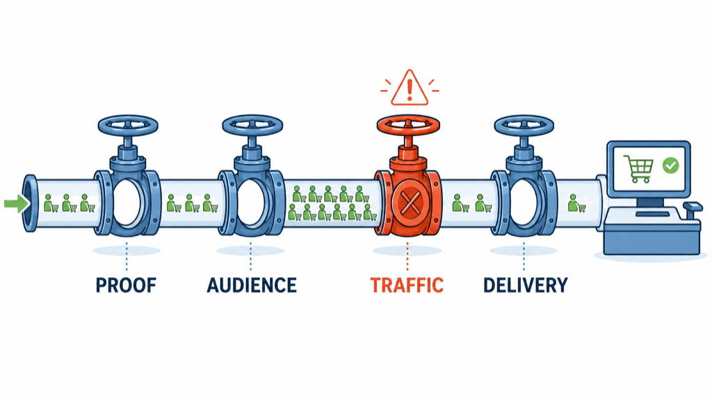 A pipe of shoppers flowing toward a checkout through four valves labeled Proof, Audience, Traffic and Delivery, with the Traffic valve shut so the shoppers back up behind it