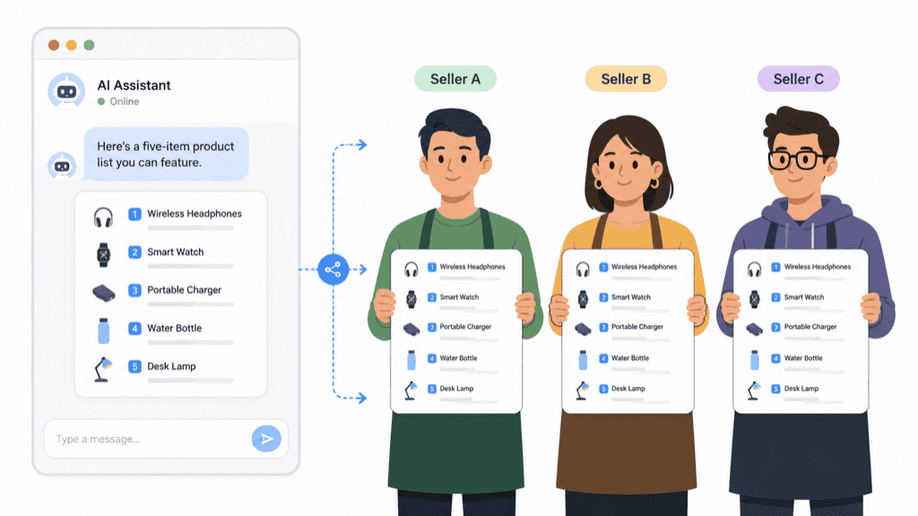 An AI chat window handing the same five-item product list to three different sellers at once