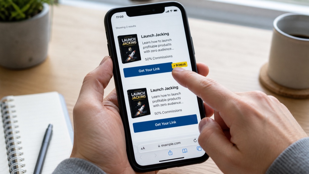 A phone showing the same affiliate offer listed twice, with a thumb tapping the version that carries a plus-bonus badge