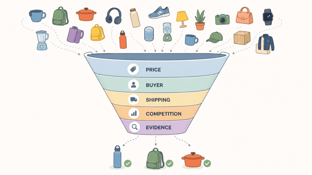 Product ideas pouring into a funnel with five narrowing rings labelled price, buyer, shipping, competition and evidence, with three candidates dropping out