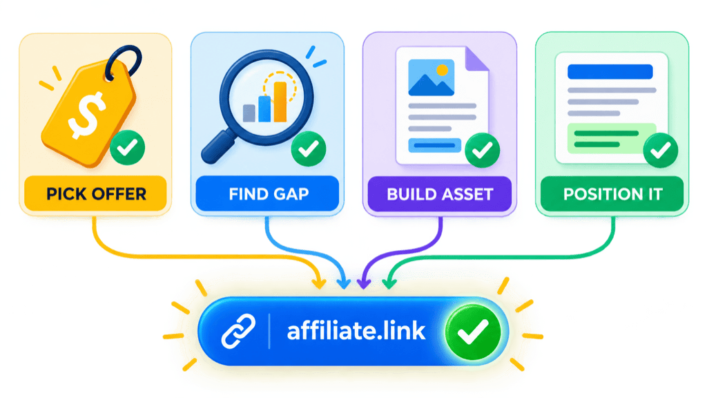 Four steps labelled pick offer, find gap, build asset and position it flowing along arrows into a single affiliate link marked with a check