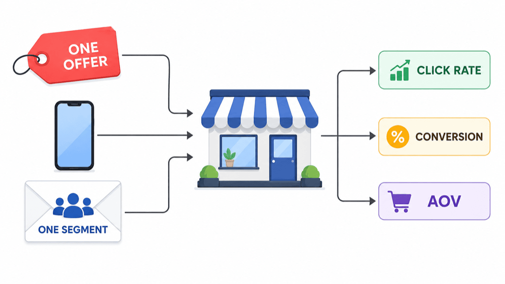 One offer, one phone and one email segment feeding into a small storefront, with click rate, conversion and average order value coming out the other side