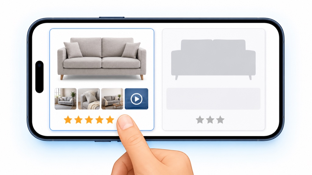 A phone showing two listings side by side, one with buyer photos, a demo clip and fresh five-star reviews, the other with three faded stars, and a thumb reaching for the listing with the proof