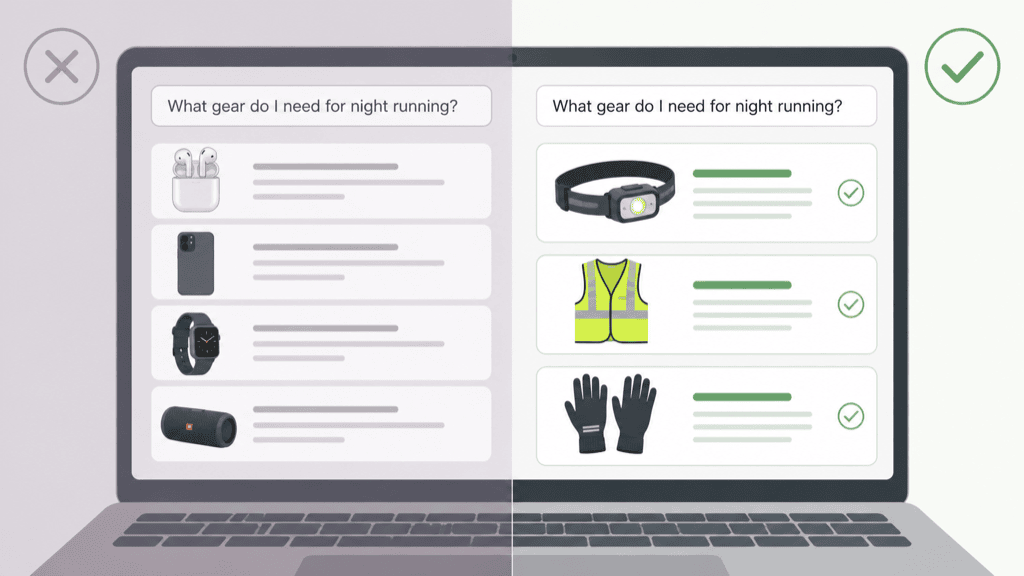 The same question typed into two screens, the left returning generic gadgets and the right returning a running headlamp, a reflective vest and running gloves