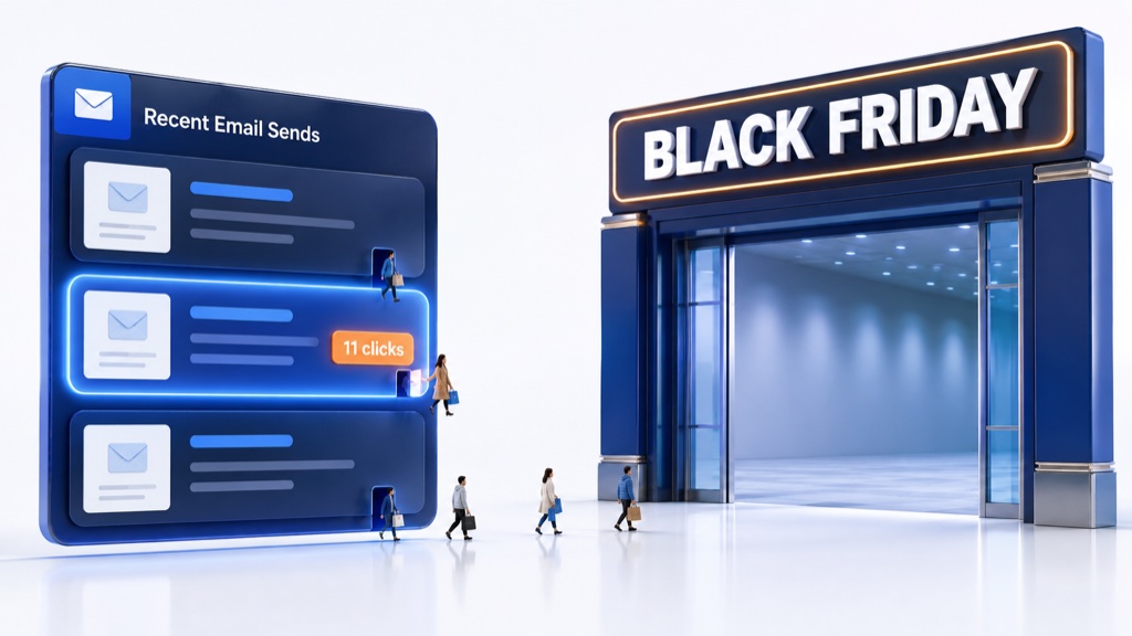 An email dashboard where the last three sends release only a trickle of shoppers, one send badged 11 clicks, beside a wide Black Friday doorway built for a crowd