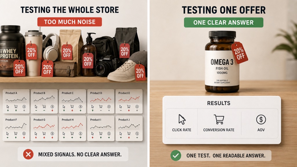 A whole shelf discounted at once producing ten unreadable product results, beside a single discounted product producing one clear result card