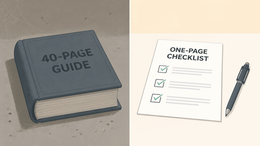 A closed forty-page guide gathering dust beside a single one-page checklist with three items ticked off