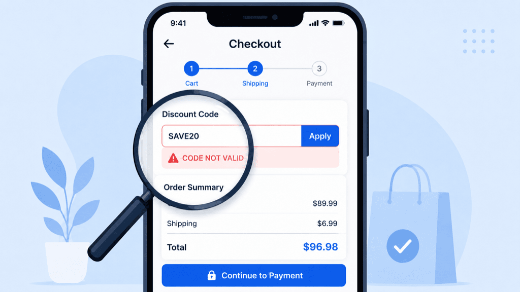 A phone checkout screen with a magnifier over the discount code field showing a code not valid warning above the cart and shipping lines
