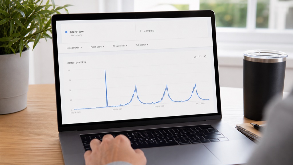 A laptop showing a search trends chart where the same seasonal rise repeats over three years, beside a single tall spike that never returns