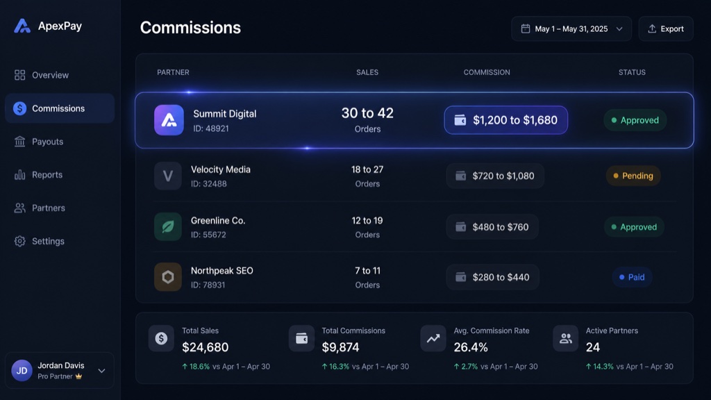 A commissions dashboard with one partner row highlighted, its sales at 30 to 42 and commission at 1,200 to 1,680 dollars