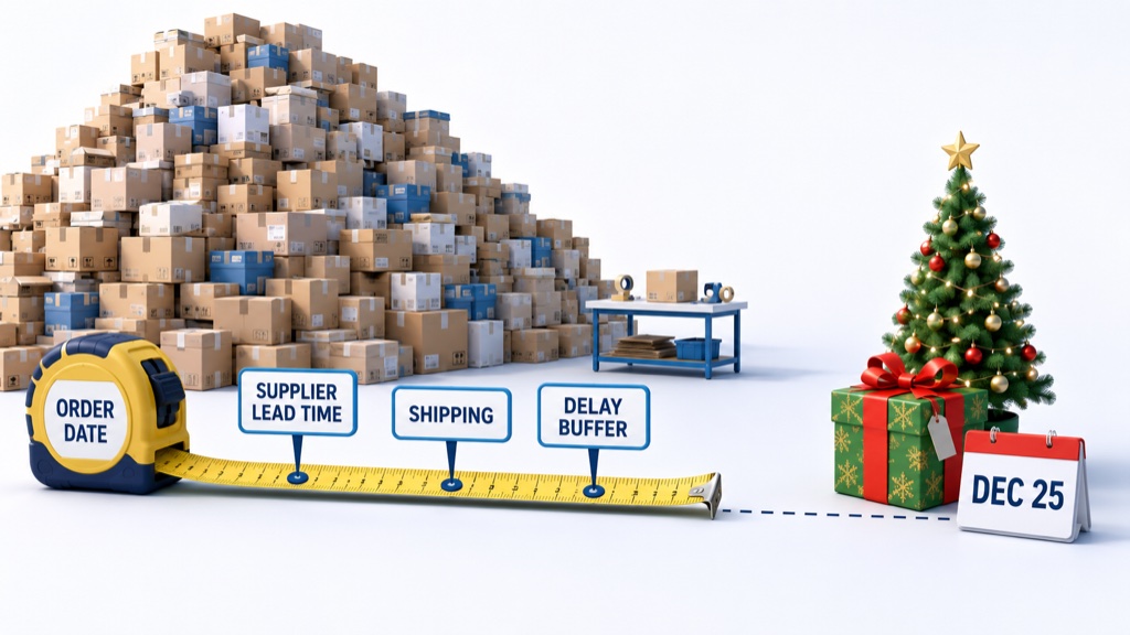 A tape measure running from an order date through supplier lead time, shipping and a delay buffer and stopping short of a gift beside a Dec 25 calendar, with a mountain of parcels behind one small packing table