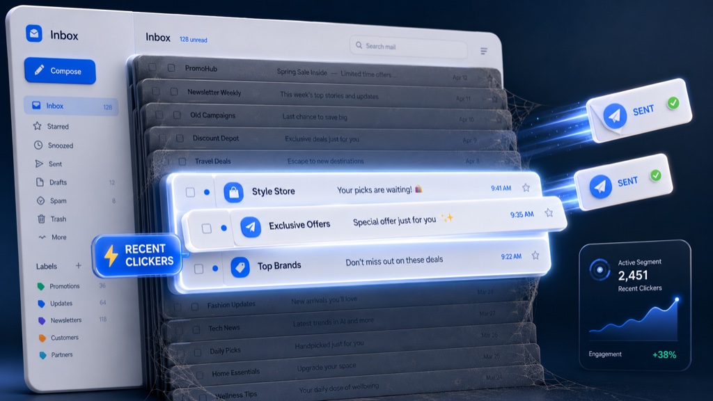 An inbox where a small group of recent clickers is lit and sending, while the long list of dusty unlit rows behind it stays put