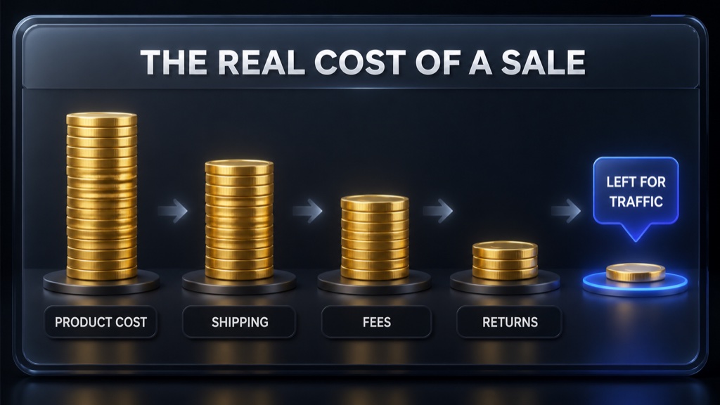 A forty dollar sale cut down by product cost, shipping, fees and returns, with the thin sliver left at the bottom badged as what is left to pay for traffic