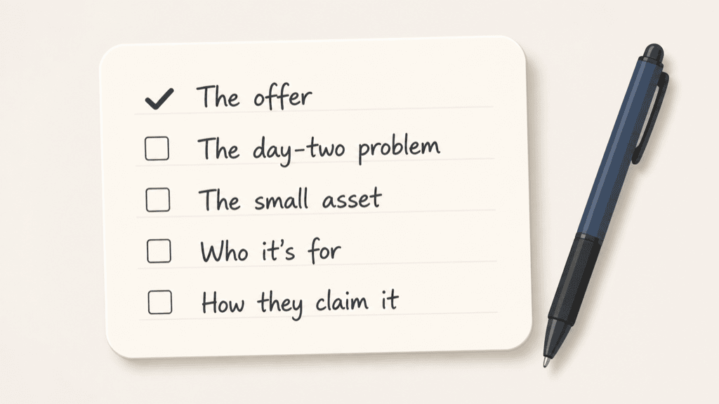 A five-line bonus map on a note card with the first line, the offer, ticked and the remaining four lines left blank
