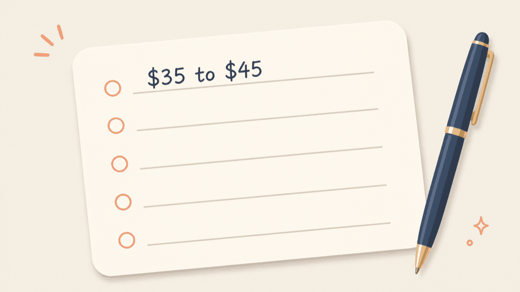 A handwritten card with five blank lines, the price range filled in and the other four still waiting, a pen resting beside it
