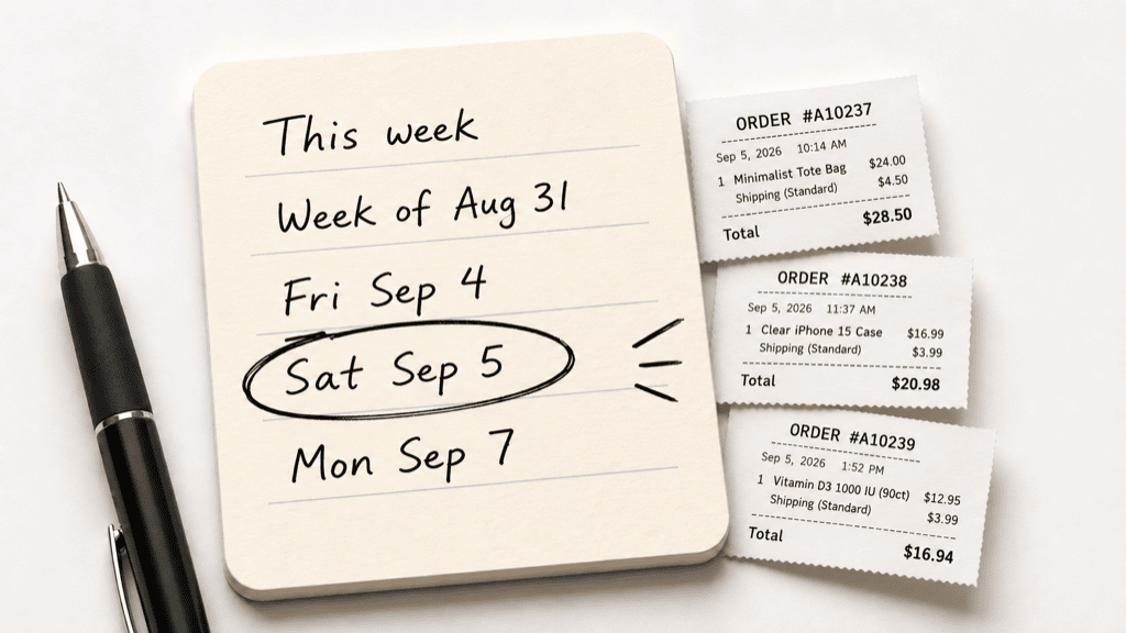 A handwritten run sheet with Saturday September 5 circled, beside the first three order receipts from that day