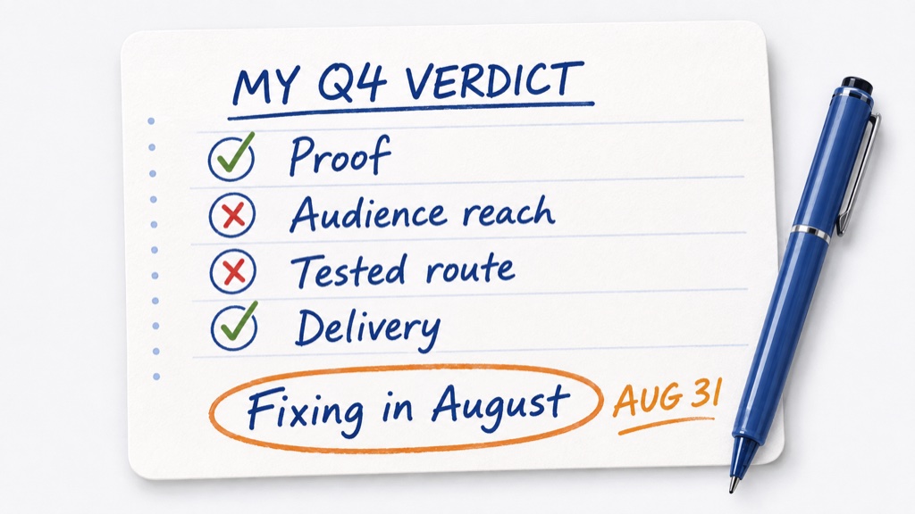A handwritten note card headed My Q4 Verdict with ticks beside Proof and Delivery, crosses beside Audience reach and Tested route, and Fixing in August circled with Aug 31 written next to it