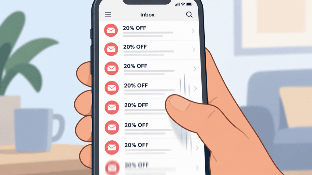 A phone inbox full of identical twenty percent off emails blurring together as a thumb scrolls past