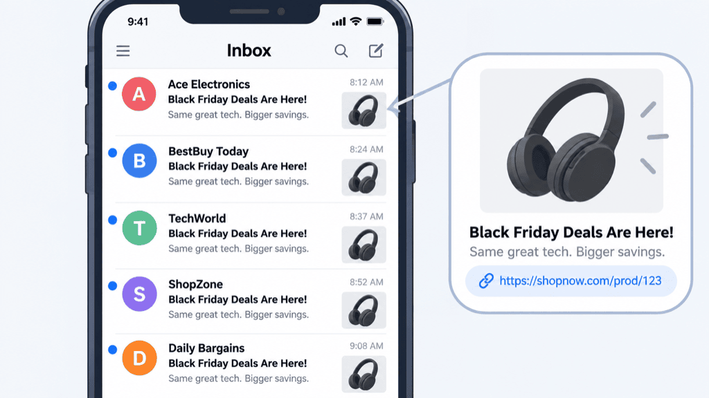 A phone inbox filling up with near-identical Black Friday emails from different senders
