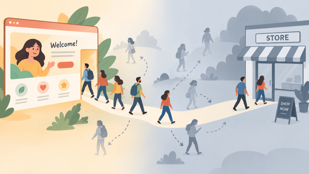 Visitors leaving a warm welcome page for a cold store, with most drifting off the path and fading away while only one or two reach the store