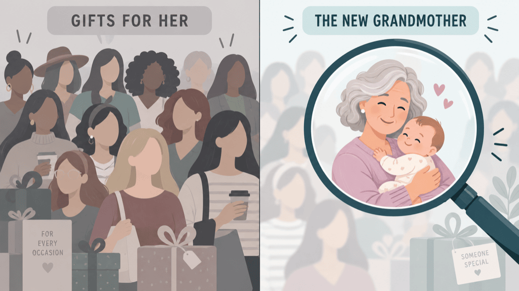 A split illustration with a vague crowd labelled Gifts For Her on the left and a magnifier zooming in on one specific new grandmother on the right